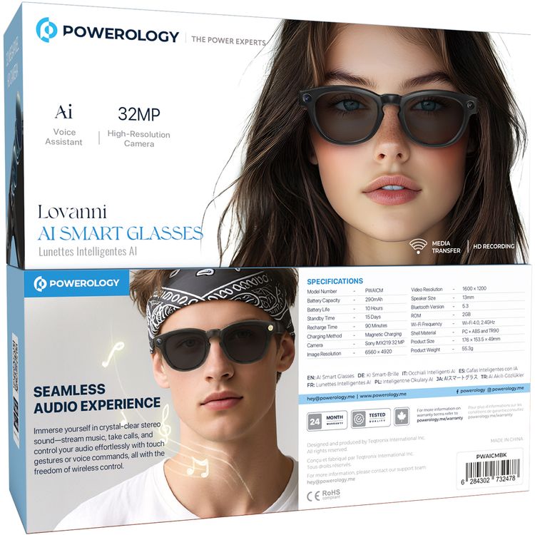 Powerology Lovanni AI Smart Glasses with Up to 10 Hours Battery Life, Sony IMX219 Camera, 290mAh Battery, 13mm Speaker Size, Wireless Connectivity, 2GB ROM - Black
