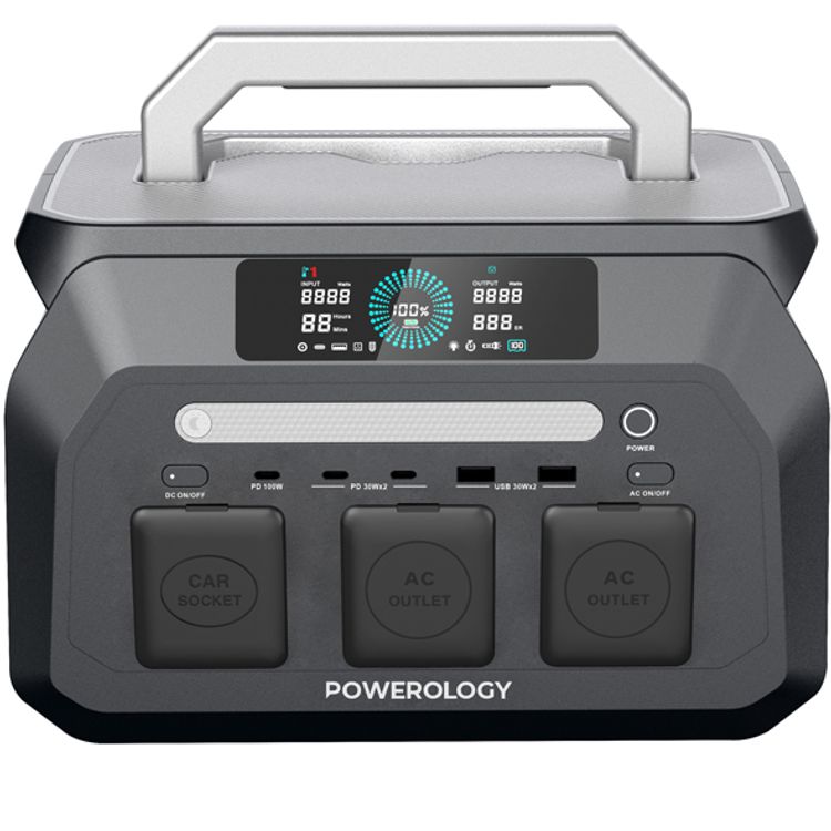 Powerology 800W Portable Power Station with Flashlight, PD 100W, Carryin-Handle, Solar Charger, 1.2 Hours Fast Charging Time, ×3 USB-C, ×2 USB-A, Car Port, ×2 AC Outlet & DC Ports, Easy-Access Storage, Smart LCD Screen - Black
