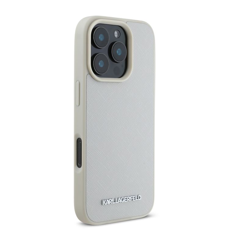 Karl Lagerfeld Saffiano Leather Hard Case with Elongated Metal Logo for iPhone 16 Pro, Drop Protection, Slim Profile - Beige 
