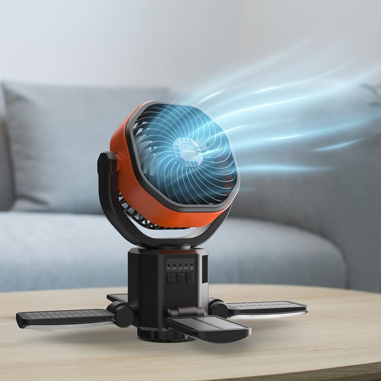 Porodo Suncharge Outdoor Solar Fan with LED Lighting & Power Bank Function, 3 LED Brightness Levels, 4 Speed Settings, Foldable Hanging Hook, 150°Auto Oscillation, Up to 30 Hours Working Time, 6000mAh Battery, 5W Rated Power - Black / Orange