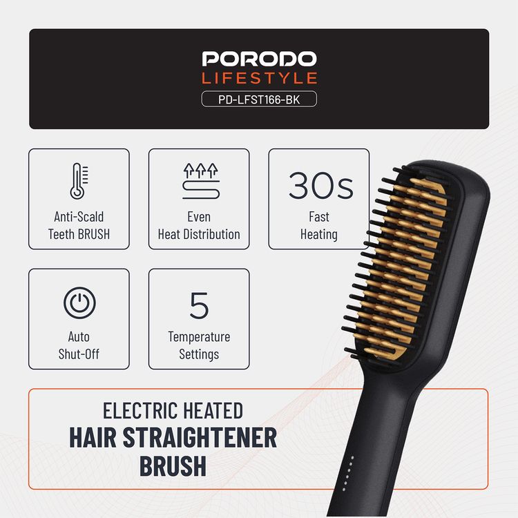 Porodo Lifestyle Electric Heated Hair Straightener Brush with 5 Temperature Settings, 30W Rated Power, 30 Seconds Fast Heating Time, 70% Frizz Reduction, Auto Shut-Off - Black