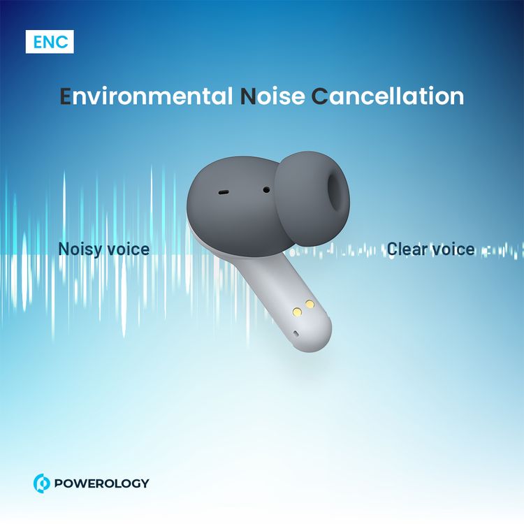 سماعات أذن لاسلكية Powerology Quad Mic ENC True، وقت تشغيل يصل إلى 6 ساعات، بلوتوث 5.3، شحن من النوع C، مسافة نقل 10 أمتار، أضواء RGB - أبيض