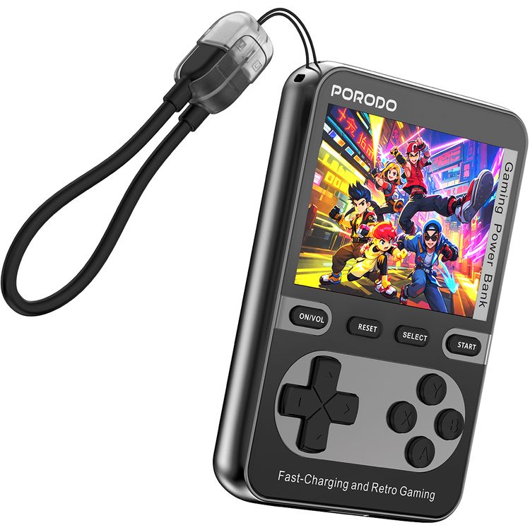 بنك طاقة بورودو أركيدفولت ماج سيف 10000 مللي أمبير/ساعة مع وحدة تحكم مدمجة، +100 لعبة كلاسيكية، PD 20 وات، شاشة عالية الدقة 2.8 بوصة، كابل USB-C - أسود