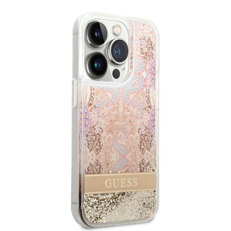 Guess Liquid Glitter Case with Flower Pattern Extra Shine Smooth Touch Feel iPhone 14 Pro Compatibility - Gold