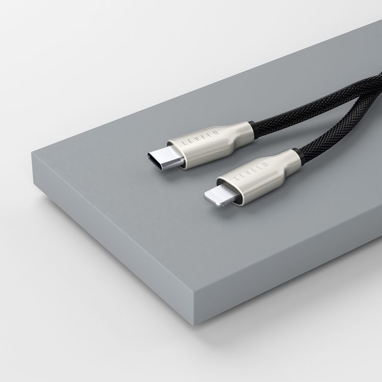 Levelo Weave Net USB-C to Lightning Cable with 27W Power Delivery, 1.1m Cable Length, 480Mbps Data Transfer Speed, 3000+ Bends Lifespan, Fast Charge, Tangle-Free Design - Black