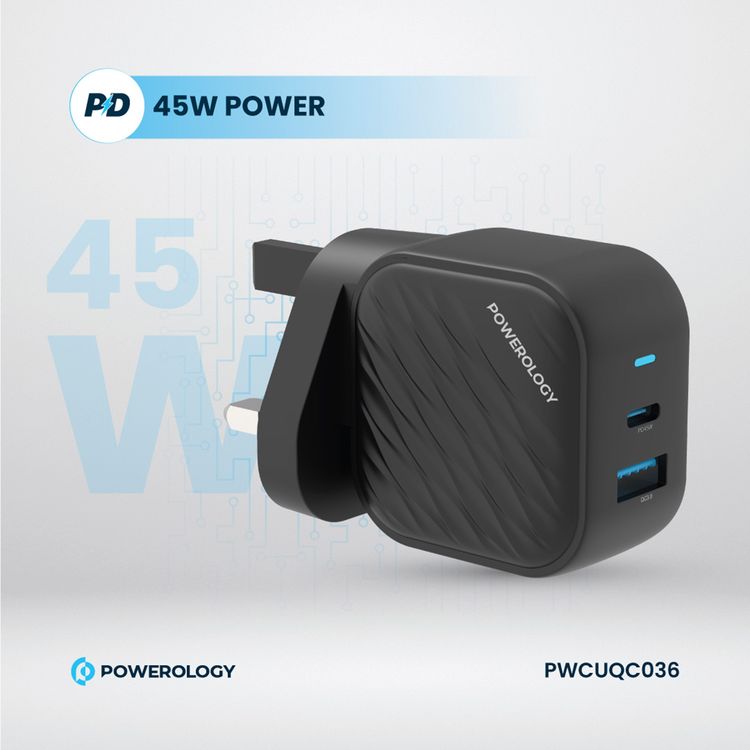 Powerology GaN Dual-Port Wall Charger with 45W Power Delivery, Built-in Safeguards, Universal Compatibility, 1.2A Rated Current, AC 100-240V Rated Voltage - Black