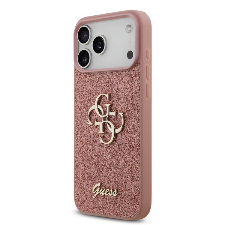 غطاء PU Glitter Case مع شعار معدني كبير 4G لهاتف iPhone 17 Pro Max، حماية من الصدمات، تصميم نحيف وخفيف الوزن، سهل التركيب، تغليف مستدام، قبضة مريحة - زهري