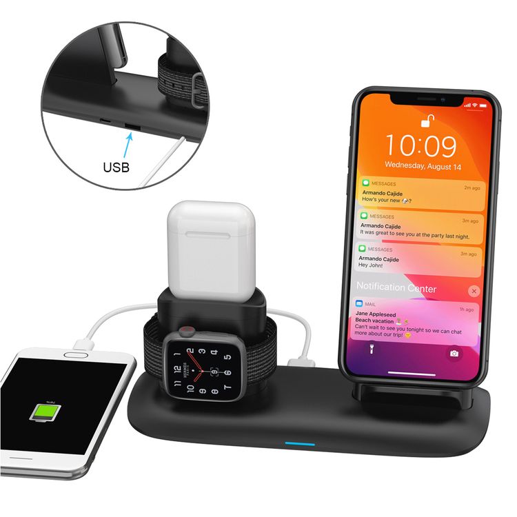 Porodo 4-in-1 Charging Station with Built-in Lightning Connector, Magnetic Charging for AirPods & Smartwatches, 10W Phone Output, 2W Watch Charger Output, Qi Standard - Black