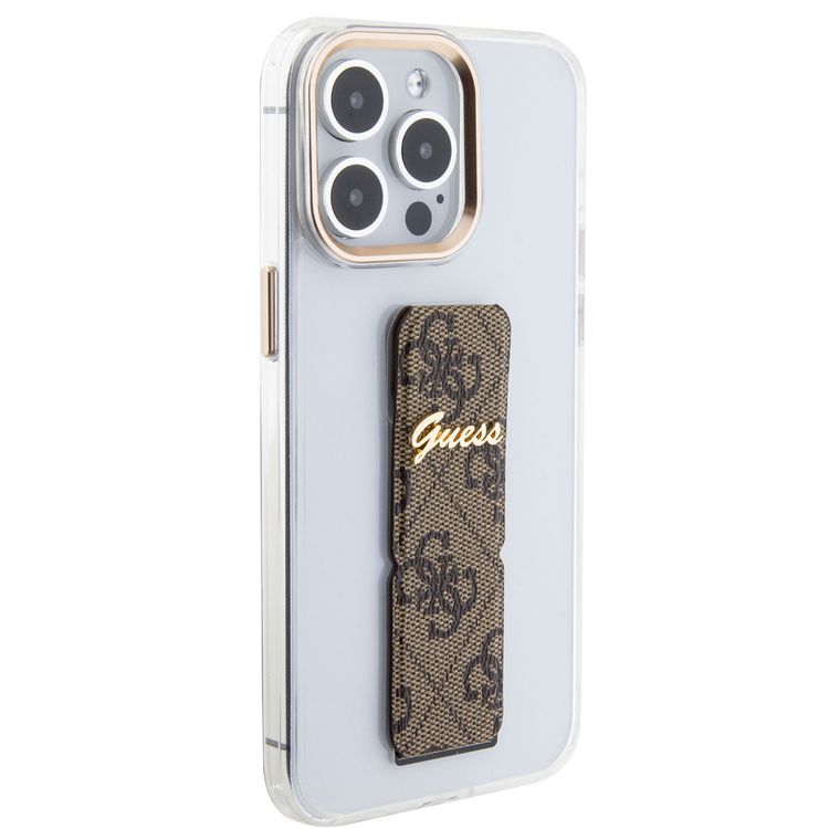 Guess Grip stand Clear Case with 4G Script Logo for iPhone 15 Series - Brown - iPhone 15 Pro Max