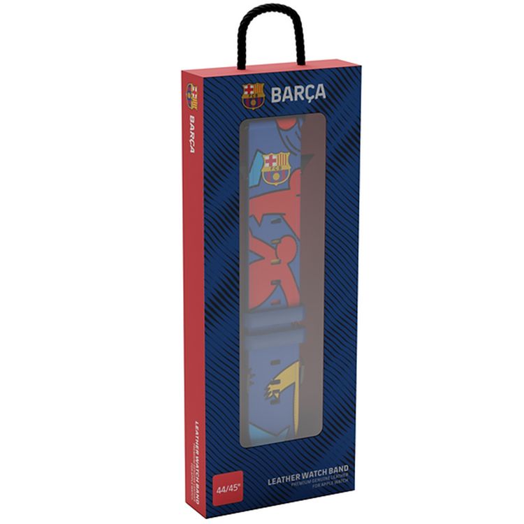 فرقة جلدية حقيقية لنادي برشلونة لساعات أبل 49 ملم، مصنوعة بمهارة من مواد فاخرة، ملائمة للبشرة، نوع إغلاق دبوس ودُس، متينة وناعمة - تصميمات ظلية للعب.