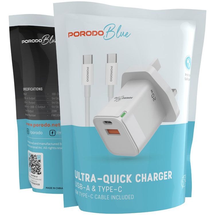 Porodo Blue Ultra-Quick Charger with 1m USB-C to USB-C Cable, USB-A & USB-C Ports, 20W Total Output, 3A Output Current, 5V Output Voltage, Multi-Device Charging, Fast Charge Support - White