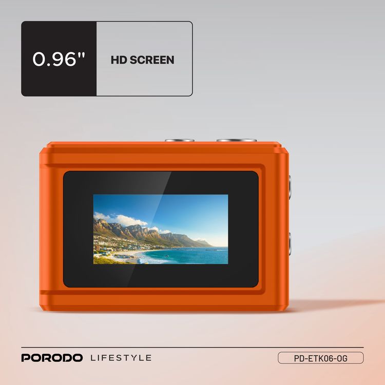 Porodo Mini Digital Camera with 0.96" HD Screen, 6 Color Filters, 2MP Photo Resolution, 1080 Pixels Video Resolution, 75-80 Minutes Operating Time, 200mAh Battery Capacity, Type-C Charging Port, Instant Webcam Function - Orange