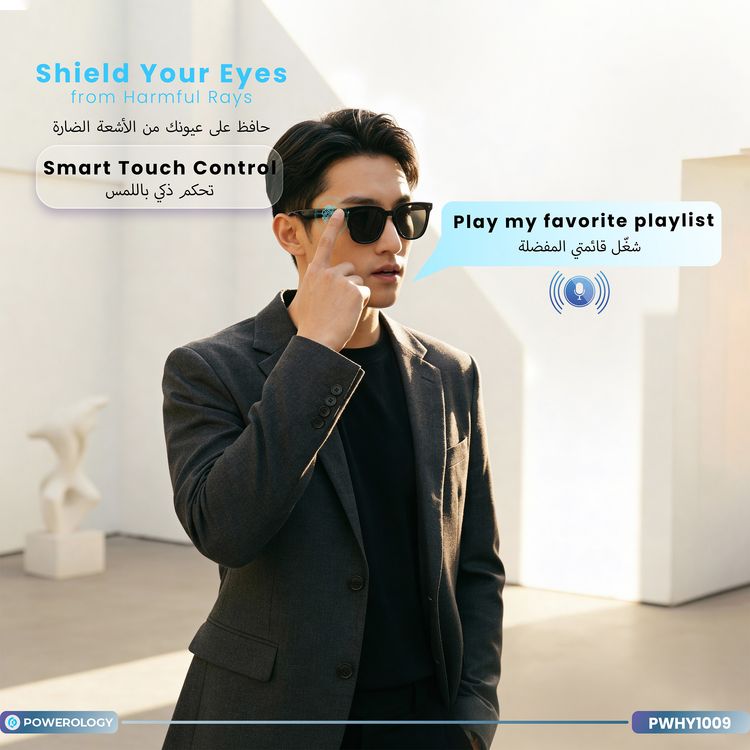 Powerology Smart Audio Sunglasses with UV Protection, Smart Touch Control, 6 Hours Talk Time, 8 Hours Play Time, Magnetic Charging, 2 x 90mAh Battery Capacity, Bluetooth Version 5.4, 15m Transmission Distance, Smart Sleep Mode, Auto-Pairing, Low Latency - Transparent