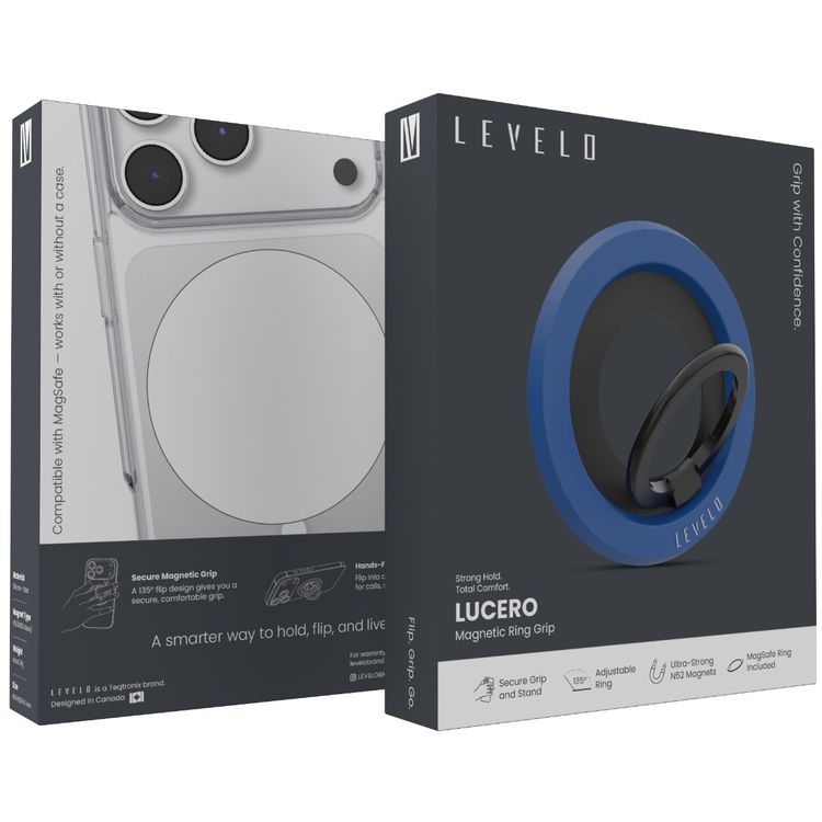 Levelo Lucero 2-in-1 Phone Ring Holder with N52 Magnets, Non-Slip Surface, 135° Flip Design, Comfortable Grip, 4000GS Magnetic Force - Lapis Blue
