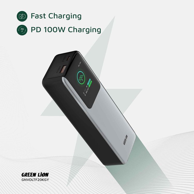Green Lion Voltura 20000mAh Power Bank with TFT Display, Lightweight Design, Fast Charging, Wide Compatibility, Exquisite Appearance - Gray