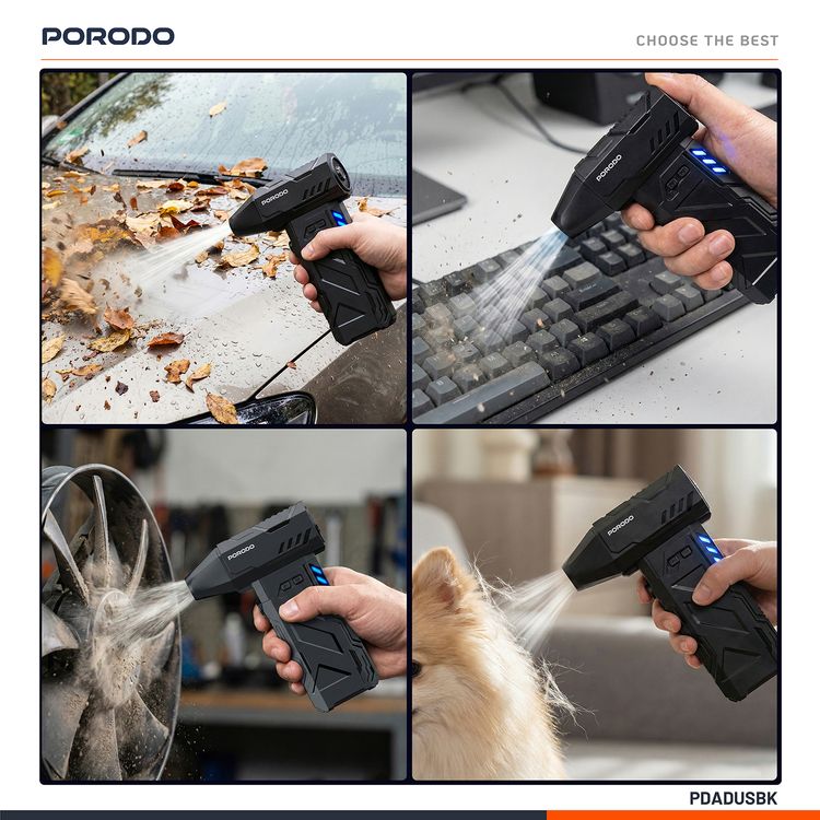 Porodo Lifestyle Turboblast Portable Air Blower with Air Nozzle Attachment, Up to 32 Minutes Working Time, 3 Adjustable Speed Levels, 160W Output Power, Low-Noise Operation, 130000RPM Motor Speed, USB-C Charging Port - Black