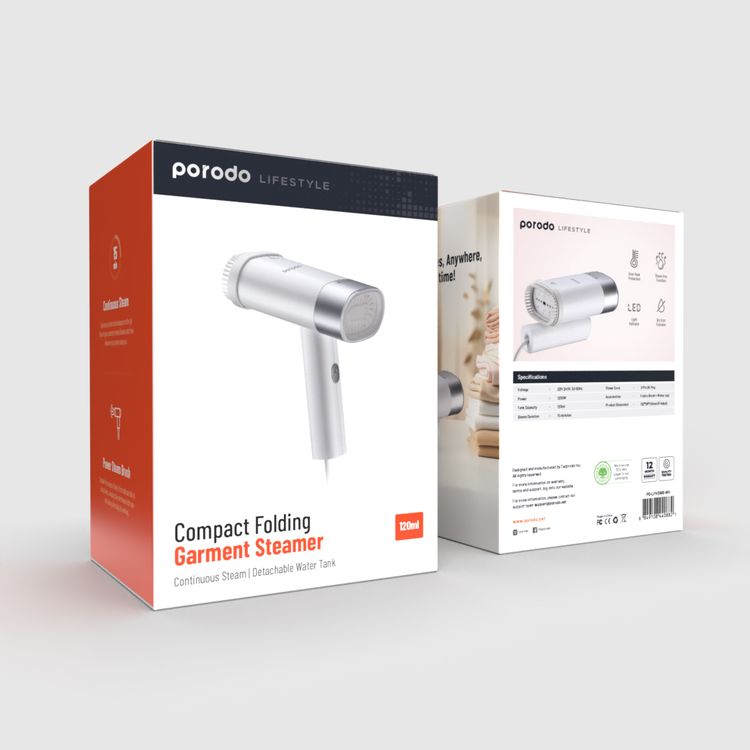 Porodo LifeStyle Compact Folding Garment Steamer Continuous Steam & Detachable Water Tank - White