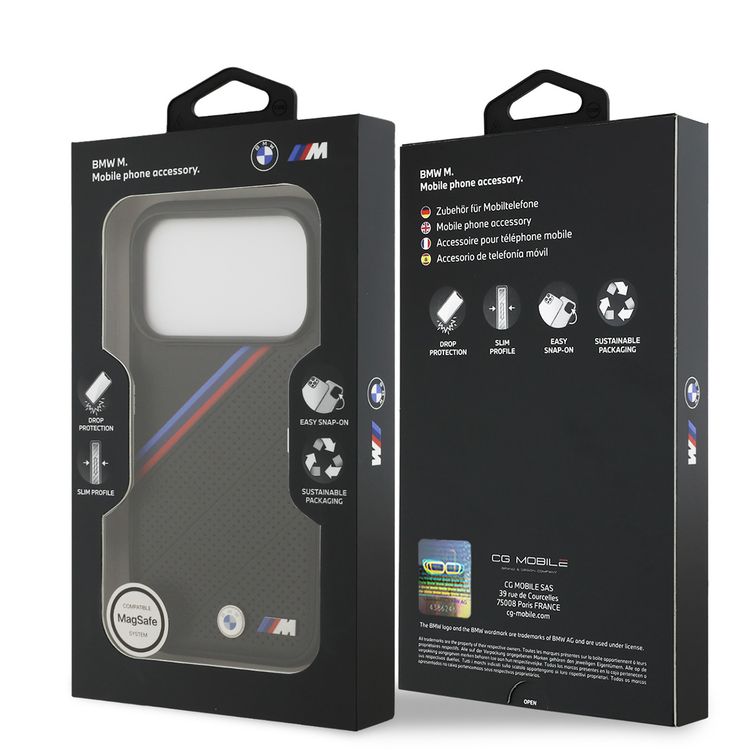 غطاء BMW MagSafe من جلد PU مع شعارات معدنية وخطوط مائلة ثلاثية الألوان لجهاز iPhone 17 Pro، حماية من السقوط، تغليف مستدام، تصميم سهل التثبيت، نحيف المظهر - أسود