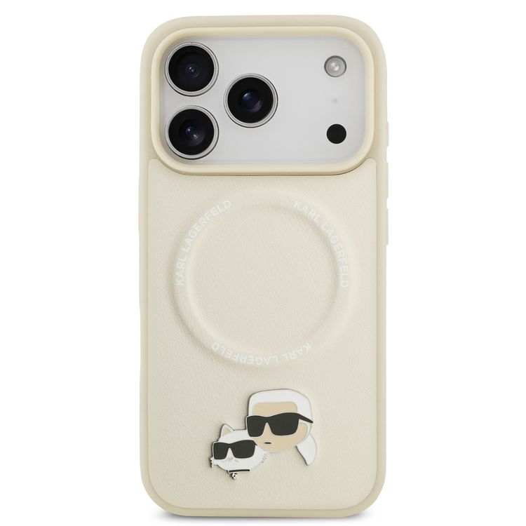 كفر كارل لاغرفيلد من الجلد الصناعي مع دبابيس على شكل رأس كارل وشوبيتي لهاتف آيفون 17 برو ماكس، متوافق مع MagSafe، ذو تصميم نحيف، يوفر حماية من الصدمات، بمسكة مريحة، بعبوة مستدامة، وسهل التركيب، وخفيف الوزن - بيج