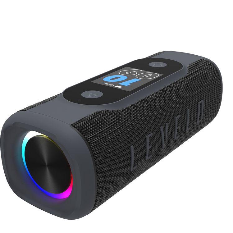 Levelo BassBeat Portable Speaker with 2.4" Touch Display, Up to 12 Hours Play Time, Bluetooth Version 5.4, 8000mAh Battery, Alarm, Clock & Calendar Functions, Water & Dust Resistant, Built-in FM Radio - Black