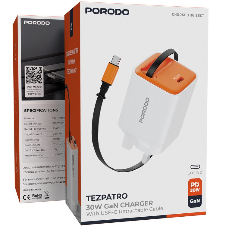Porodo Tezpatro 30W GaN Charger with USB-C Retractable Cable, 0.8A Rated Current, 30W Power Delivery, 80cm Cable Length, Flame-Retardant Housing, Fast Charge Support - White / Orange