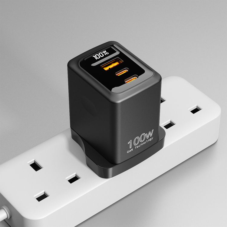 Porodo GaN Wall Charger with Single USB-A & Dual USB-C Ports, 100W Power Delivery, Built-in Safeguards, Fast Charge Support, Multiple Device Charging, Digital Display - Black