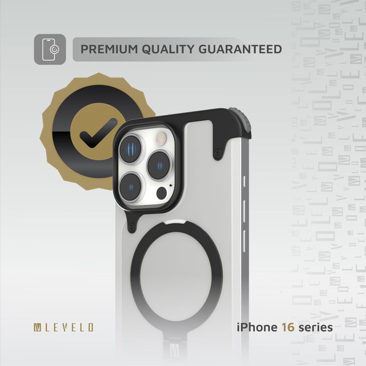 Levelo Metallo Aluminum Bumper Case for iPhone 16 Pro Max, MagSafe Compatible, Metal Kickstand, Impact Resistant Corners - Black 