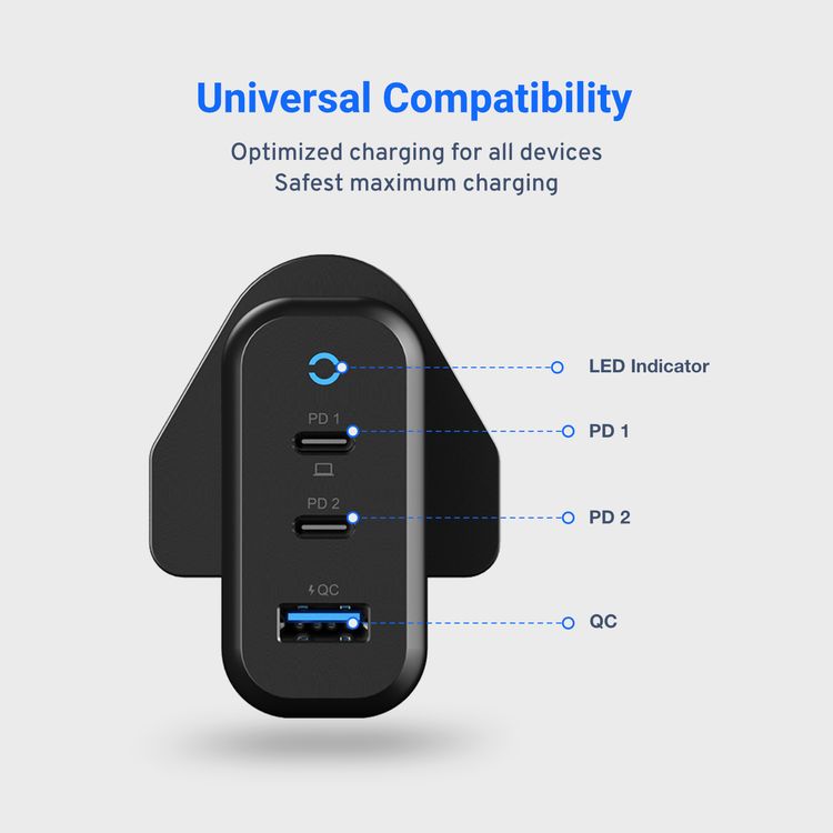 Powerology Wall Charger UK 65W 3-Output with PD UK GaN - (Black)