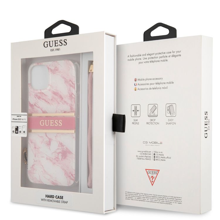 CG MOBILE Guess PC/TPU Case Marble Design & Stripe with Anti-Lost Nylon Strap for iPhone 13 (6.1") Shock Absorption & Drop Protection Suitable with Wireless Chargers Officially Licensed Pink