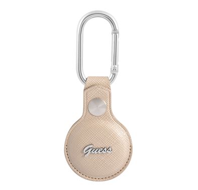 CG MOBILE Guess Saffiano PU Script Logo Case with Dog Clip for Airtag, Portable Protective Skin Cover, Anti-Lost Holder with Keychain Officially Licensed - Beige