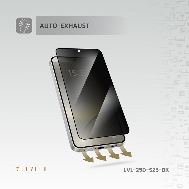 Levelo 2.5D Silk Print HD Privacy Glass for Samsung Galaxy S25, High Silicone Aluminum, 0.25mm Ultra Thin, Scratch-Resistant, Oleophobic & Hydrophobic Coating, Instant Fingerprint Unlock, Air Bubble Prevention, Explosion- Proof, Auto-Exhaust - Black