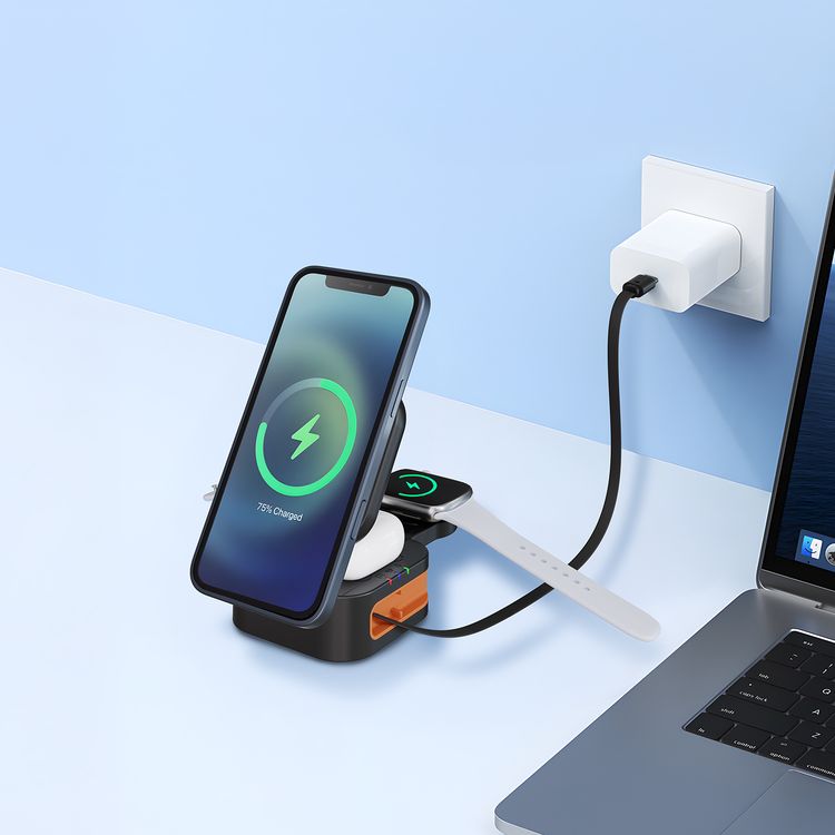 Porodo Pocket-Sized Folding Wireless Charger with 15W Wireless Output, Built-in Charging Cable, 3W Earbuds Output, Multi-Device Charging, 2.5W Apple Watch Output - Black