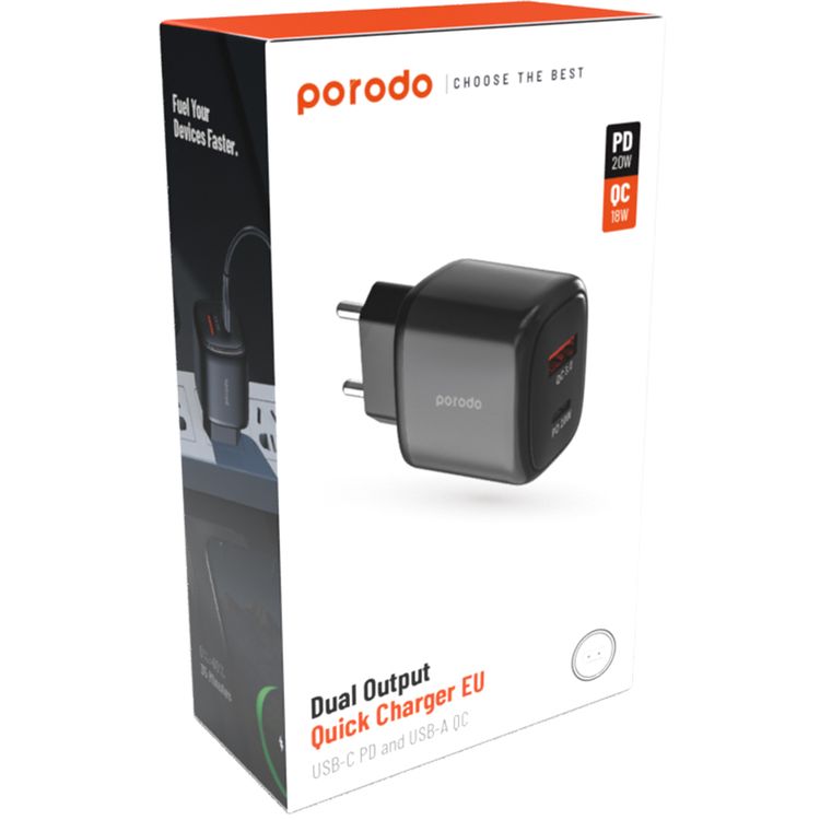 Porodo Dual Output Quick Charger with 20W Power Delivery, QC 18W, EU 2-Pin Plug, Simultaneous Charging, Overheat Protection, 18W USB-A QC Output, Reliable Companion - Black