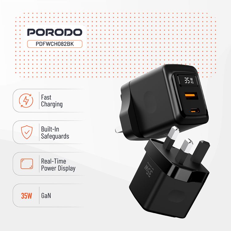 Porodo GaN Wall Charger with USB-A & USB-C Ports, 35W Power Delivery, Built-in Safeguards, Fast Charge Support, Multiple Device Charging, Digital Display - Black