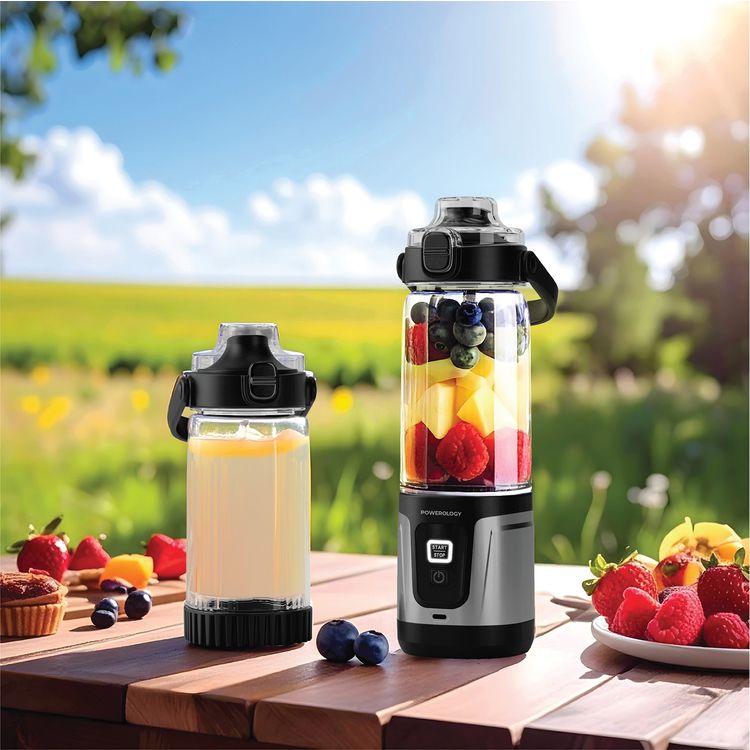 Powerology DuoMix Portable Blender with Cut Fruit & Ice Crusher, 600mL Capacity, 120W Rated Power, USB-C Charging Port, Leak-Proof Design, 2× 2000mAh Battery, 14000RPM Motor Speed, Flipping Bottom Food - Black