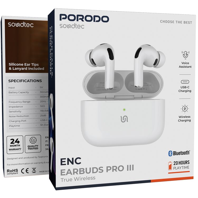 Porodo ENC Earbuds Pro III, 13mm Driver Size, 300mAh Charging Case & 30mAh Earbuds Battery, 25dB Noise Reduction, Voice Assistant, Up to 5 Hours Play Time, 25m Transmission Range - White