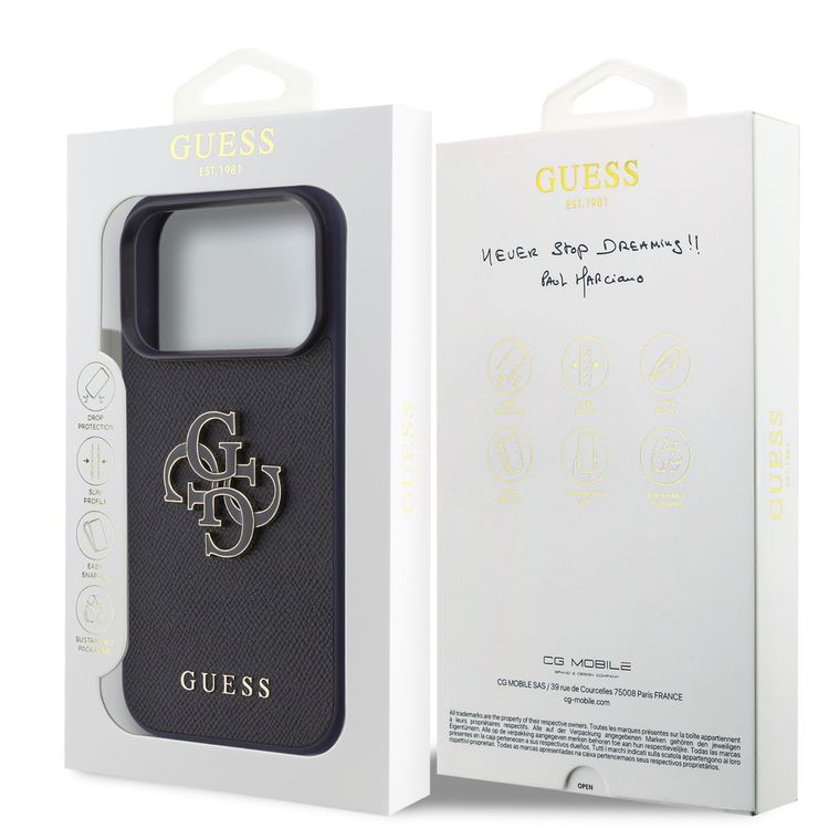 جراب جلد سافيانو من Guess بتقنية MagSafe مع شعار 4G من الراتنج لجهاز iPhone 17 Pro ، بروفايل نحيف، قبضة مريحة، حماية من السقوط، خفيف الوزن - أزرق داكن