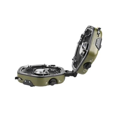 Green Lion Twin Flame Foldable Camping Stove with 2.2kW Heat Power, Adjustable Knobs, Heat Resistant Shell, Storage Bag Included, Camping Friendly - Green
