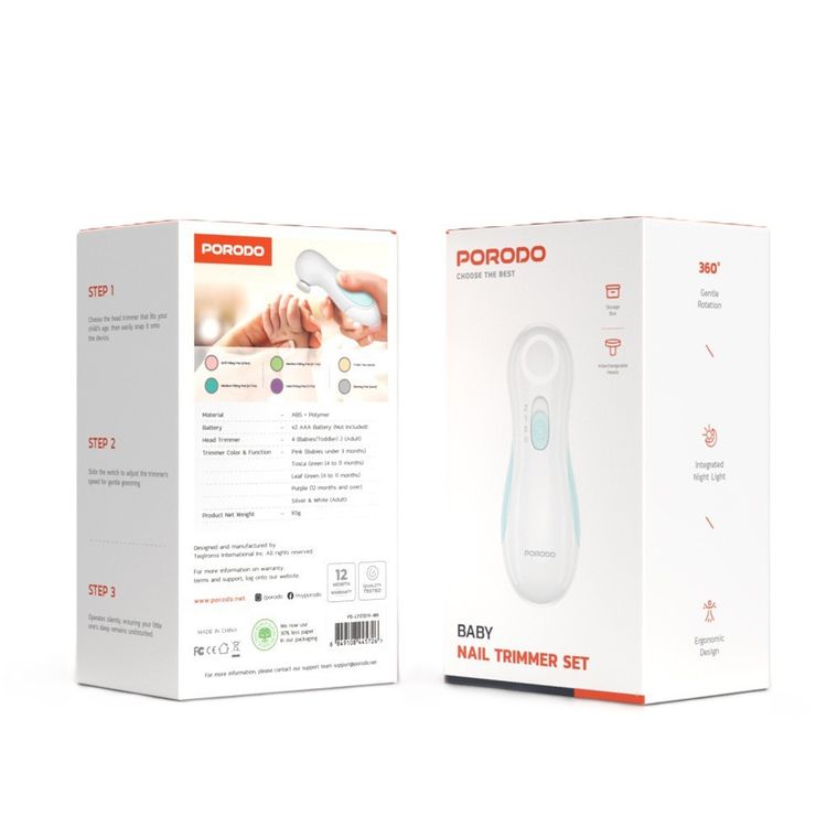 Porodo Baby Nail Trimmer Set, 6 Interchangeable Heads, Usable for Babies under 3 months Old & Adults, Integrated Night Light, 360° Gentle Rotation - White