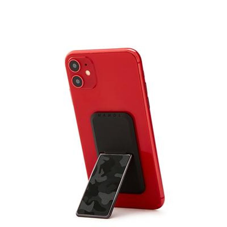 هاندل مقبض هاتف كامو ، أزواج مع أي هاتف ذكي ، مسند متعدد الوظائف ، متوافق مع الشحن اللاسلكي وقبضة الهاتف والحامل - أسود