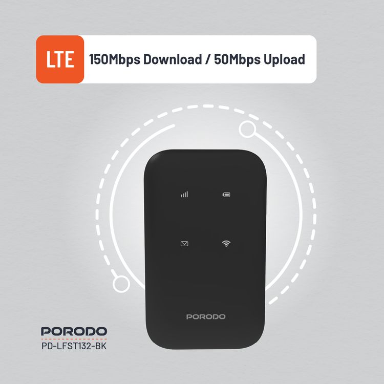 Porodo 4G Wireless Pocket Router with Secure Encryption, 10 Connected Devices, 3000mAh Battery Capacity, 8.5 Hours Working Time, Type-C Charging Port, WiFi 6 Standard, Lightweight and Portable - Black