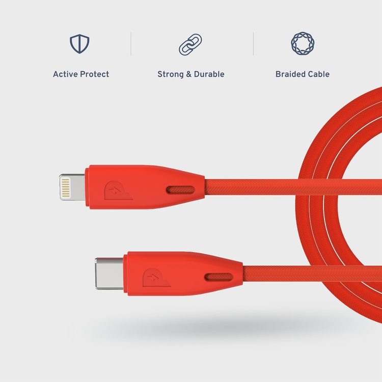 Powerology USB-C to Lightning Braided Cable with 2m Length, Fast Charging & Data Sync, Overheat & Overcurrent Protection, MFI Device Compatible, Fire-Resistant PVC Material - Red
