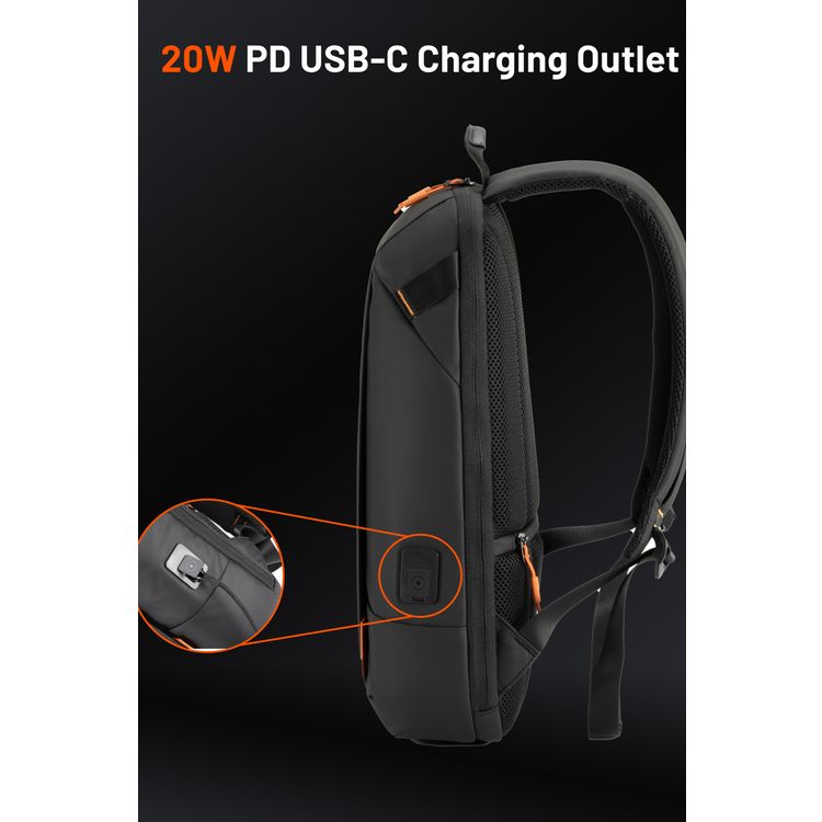 Porodo Gaming PU Laptop Backpack with USB-C Port, Up to 15" Laptop Compatibility, PD 20W, Water-Resistant, Multiple Pockets - Black