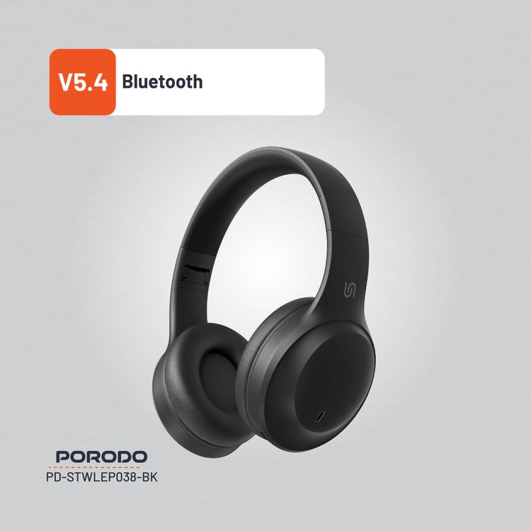  Porodo Soundtec Wireless Headphones with 400mAh Battery Capacity, 1.5 Hours Recharge Time, Up to 50 Hours Working Time, Type C Charging Port, Bluetooth V5.4 - Black