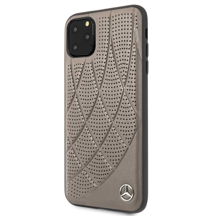 Mercedes-Benz Hard Case Quilted Perforated Genuine Leather For iPhone 11 Pro Max - Brown