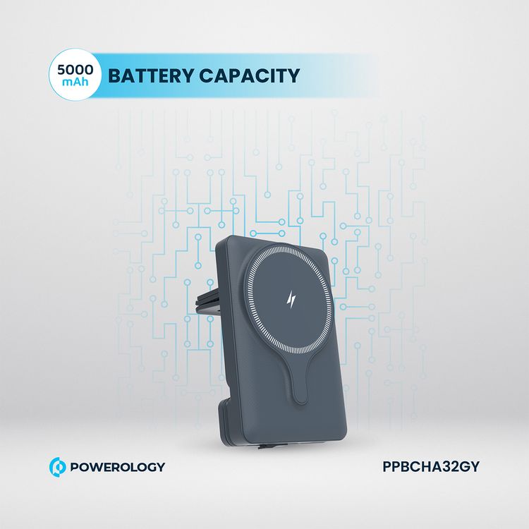 Powerology Car Mount 5000mAh Power Bank with Magnetic Wireless Charger, MagSafe Charging, PD 20W Fast Charge, Folding Air-Vent Clip, LED Indicator, Built-In Type-C Cable, Lightweight & Portable - Gray 