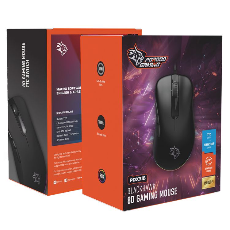 Porodo Gaming Wired Mouse with TTC Switch, 60 Million Clicks Lifespan, 16000 DPI, RGB Light, 400IPS Tracking Speed, USB Plug & Play Connection - Black