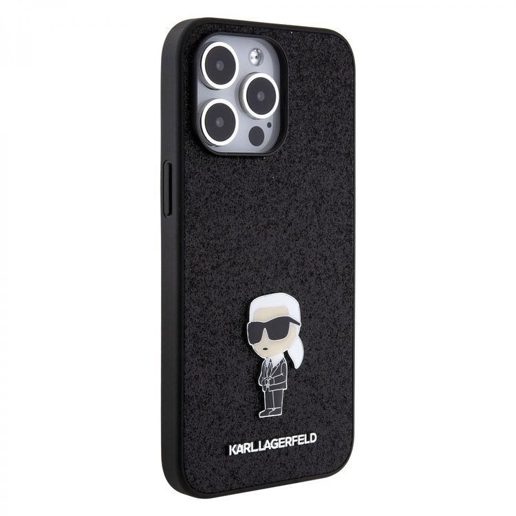 Karl Lagerfeld Fixed Glitter Case with Ikonik Logo Metal Pin - Black - iPhone 15 Pro Max