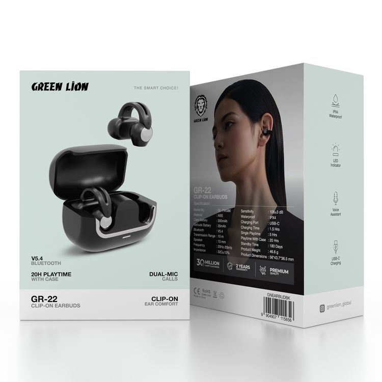  Green Lion GR-22 Clip-On Earbuds with Voice Assistant, IPX4 Waterproof, Dual Mic Calls, USB-C Charging, 20 Hours Playtime with Case, v5.4 Bluetooth - Black