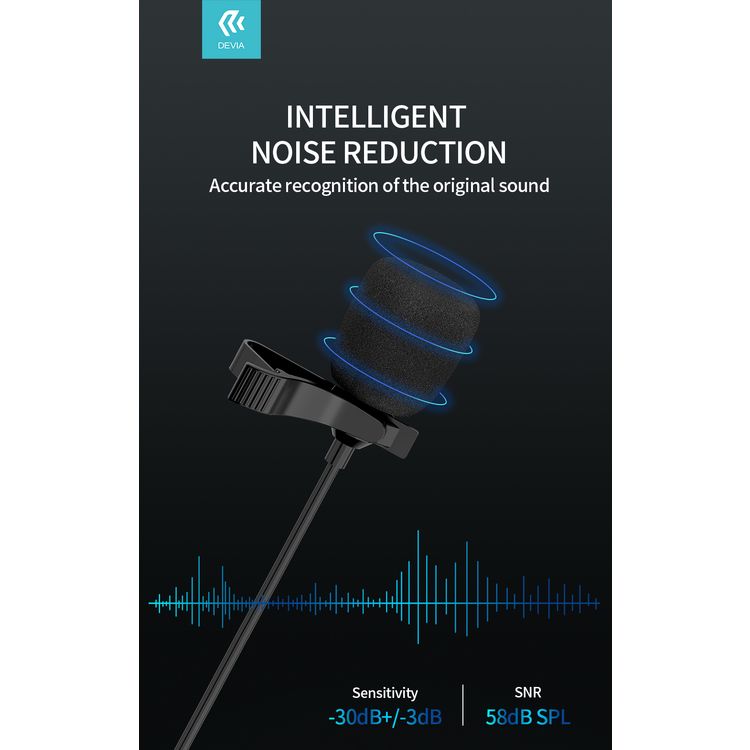 Devia Smart Series Wired Microphone Type-C, Simple and Stylish, Ultra-Lightweight, Hi-Fi Loudspeaker, Made Oxygen-Free Copper Plating Silver Wire + TPE, Durable Cord - Black